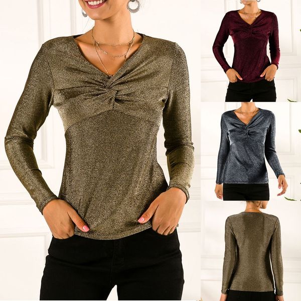 

женщины блузка женщин вскользь сплошной цвет v-образным вырезом с длинным рукавом ruched топы блузки блузка женский vadim, White