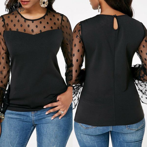 

new fashion style women elegant lace sheer long sleeve o neck t shirt lady casual patchwork loose tee, White