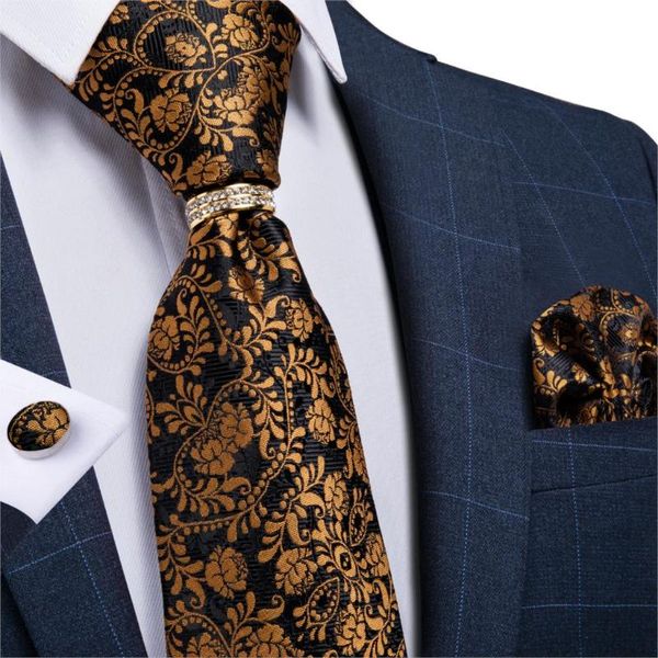 

dibangu mens silk wedding tie gold black floral fashion necktie for men necktie ring hanky cufflink set business party, Black;blue