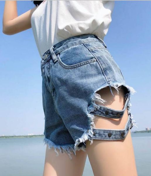 

new womens designer jeans denim shorts side women loose wear hole high waist european and american style pant wide leg thin, Blue