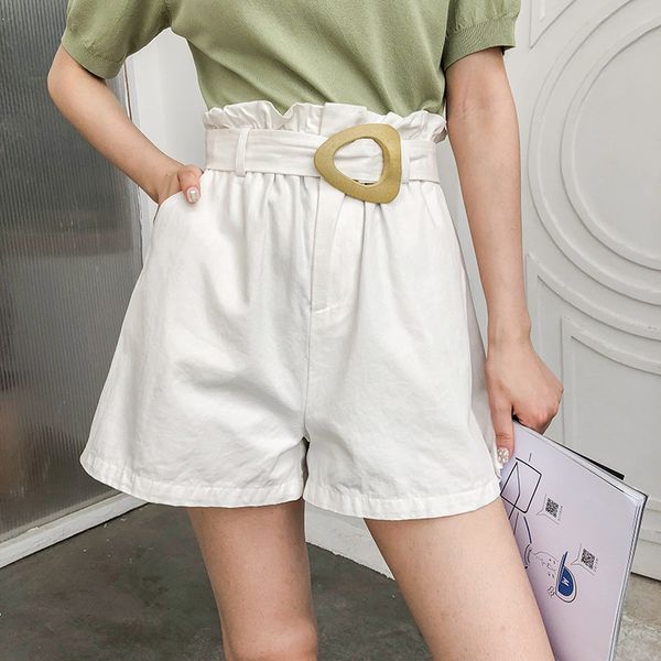 

2019 summer chic women casual shorts belt fashion solid high waist basic shorts wide leg pockets, White;black