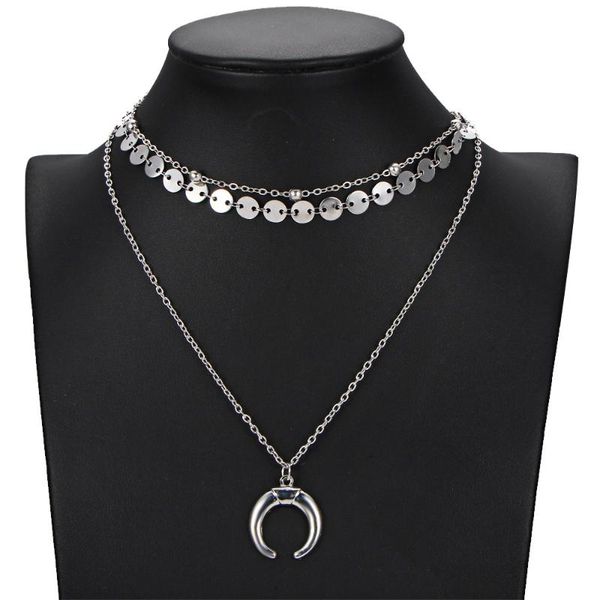 

new style simple three layer necklace multilayer choker sequin crescent necklace moon ornaments, Black