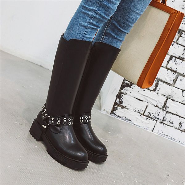 

ymechic 2019 winter chunky block heels woman shoes studded buckle strap long knight riding boots black brown tall boot plus size