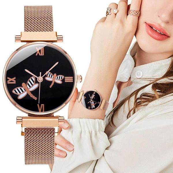 

2020 magnetic buckle mesh strap ladies watch creative two dragonfly literal women watch fashion casual personality quartz, Slivery;brown