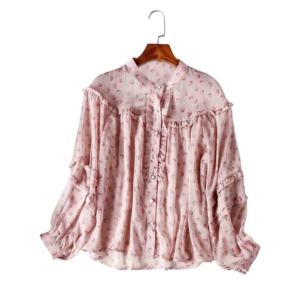 

ls795 summer new fashion stand collar ruffles deco long sleeve shirts ladies sweet print blouse, White