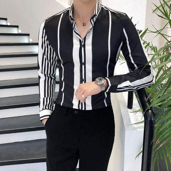 

british style camiseta masculina fashion 2018 autumn new shirt men long sleeve slim fit striped business mens casual shirts 2xl, White;black