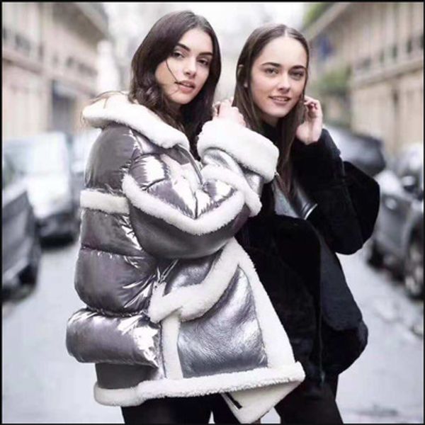 

europe and america fashion winter women lambs wool white duck down parkas coat loose warm jacket female outerwear plus size, Black