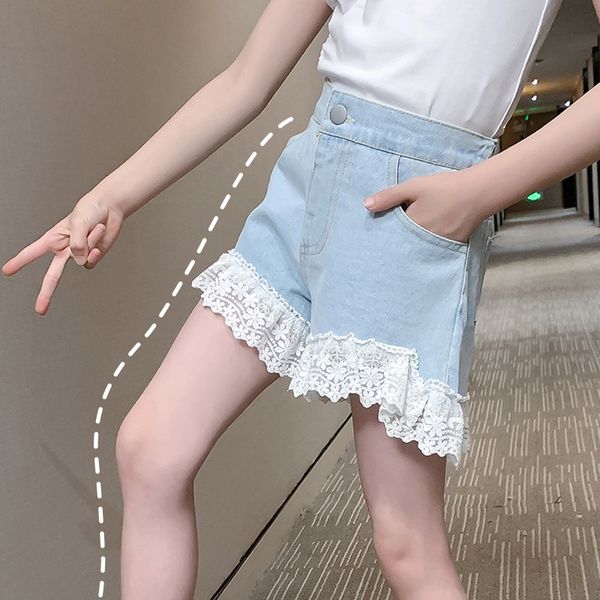 

2020 summer jeans lace pants clothes children's clothing children's girls' lace jeans shorts girls' pants western style, Blue