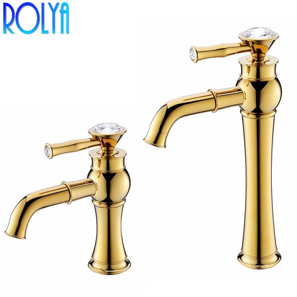 Rolya Cristal Único Torneira Do Banheiro Torneira Misturadora Torneiras Bacia de Bronze Sólido de Luxo de Ouro Wolesale e Varejo Patente Exclusivo Design