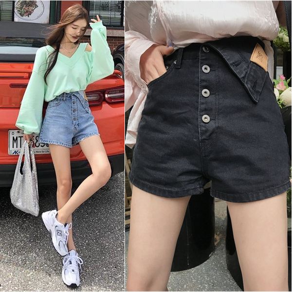 

women's shorts 2020 summer new korean version new cuff high waist single-breasted white loose loose denim shorts, Blue