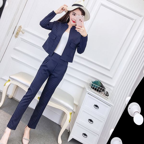 

2018 new women's suit two-piece fashion striped short coat jacket+slim wild high waist trousers temperament was thin, Gray