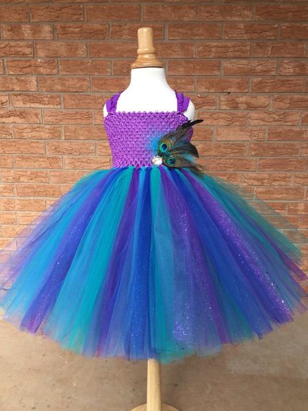 

girls peacock feather tutu dress kids crochet glitter tulle dress ball gown with straps children birthday party costume dresses, Red;yellow