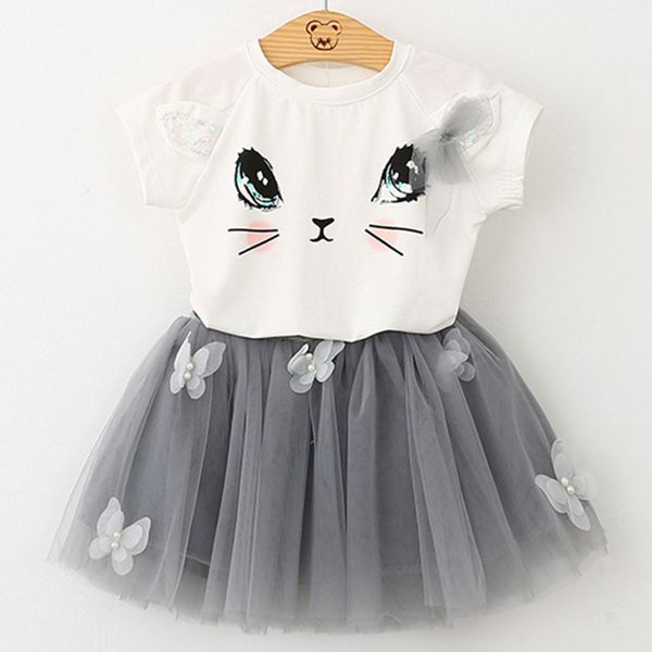 

girls summer new baby girls clothing sets fashion style cartoon kitten printed t-shirts+net veil dress 2pcs girls clothes lj200818, White