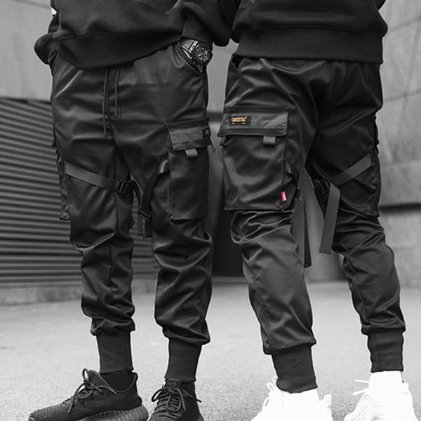 

мужчины лента цвет блок черных карманных штаны гарем joggers harajuku sweatpant hip hop брюки 2020, Black;blue