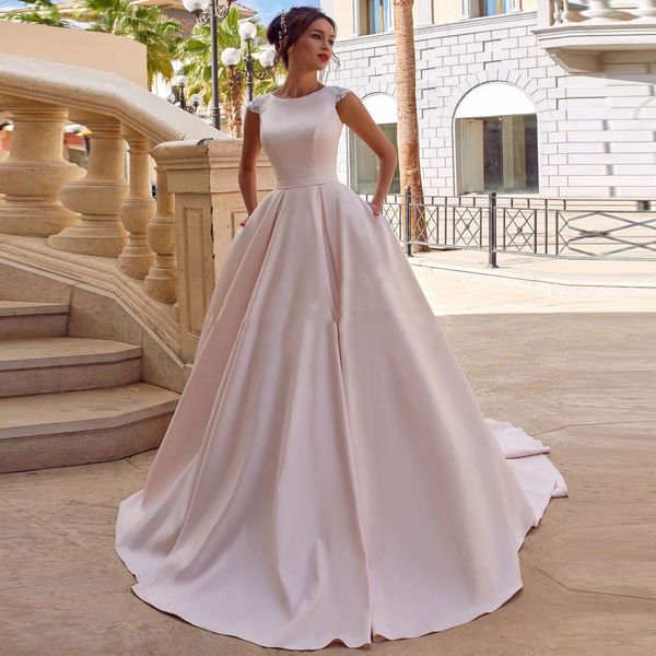 

romantic pink satin wedding dresses with pockets a line scoop neck lace cap sleeves vestidos bridal gowns simple 2020, White