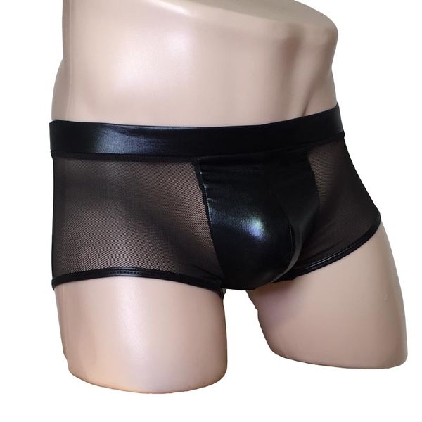 

men skinny faux leather wet look shiny pouch sheer mesh boxer brief under pants underwear fetish bottom lingerie outfit, Black;white
