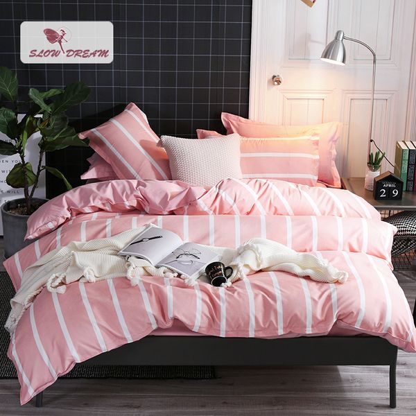 

slowdream pink white geometry striped bedding set double  single student size duvet cover bed linens sheet set