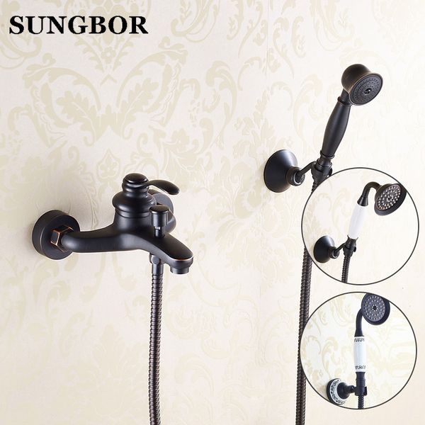 

black brass finish bathroom classic shower faucet set /wall mounted bathtub faucet mixers/handheld showers with slide bar