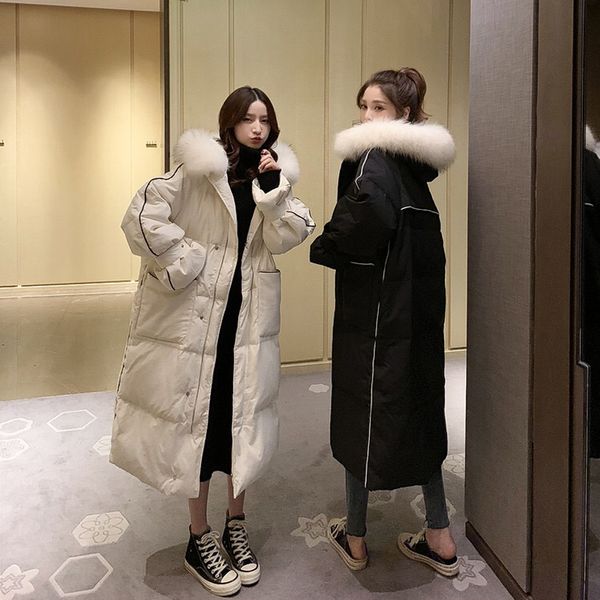 

lucyever new elegant winter jacket women coat thicken fur collar coats hooded long parkas woman casual warm cotton parka female, Black