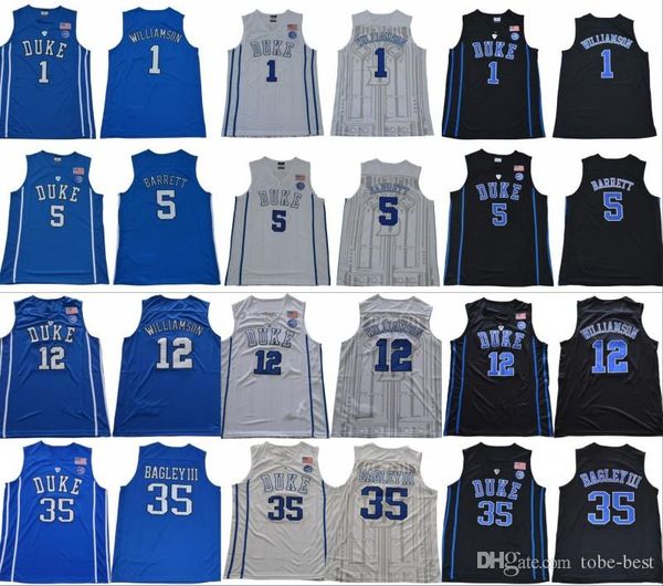 

2019 duke blue devils ncaa college jersey 1 zion williamson 2 cam reddish 5 rj barrett 35 marvin bagley iii 34 wendell carter stitched, Black