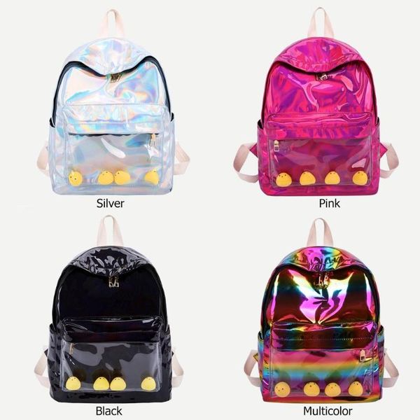 

fashion ladies chick decor laser travel backpacks women transparent school bags casual large capacity pu leather knapsack preppy