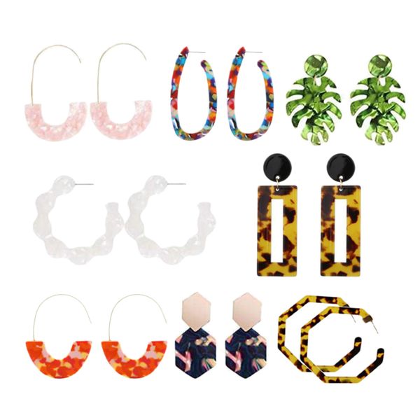 

8 pairs of acrylic earrings set circle leopard leaf pendant earrings bohemian style, Golden;silver