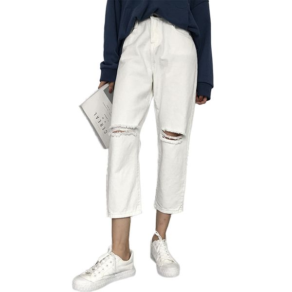 

2019 vintage ripped jeans woman high waist loose boyfriend jeans plus size white black for women casual mom femme, Blue