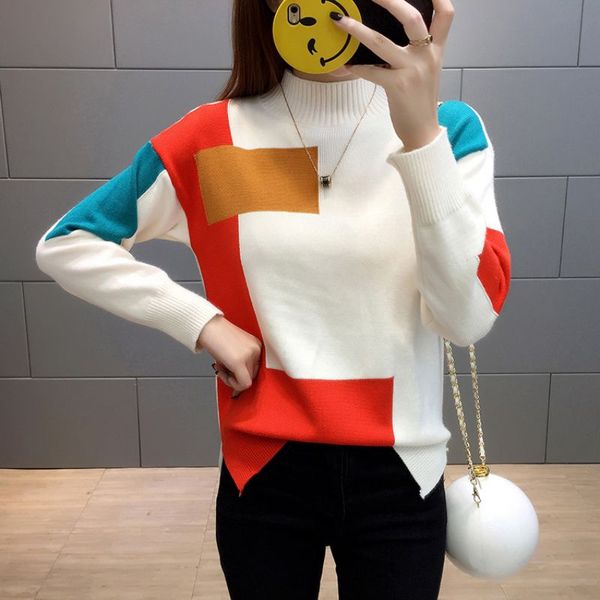 

women long sleeve sweaters ladies harajuku patchwork knitted pullover jumpers pull femme autumn winter warm turtleneck sweater, White;black
