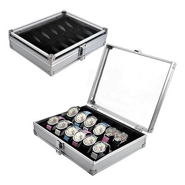 

6/12 grid slots aluminium watch box display case jewelry collection casket storage organizer wristwatch suede inside box holder, Black;blue