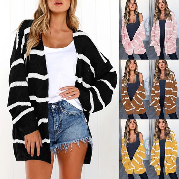 

women stripe oversized knit sweater cardigan contrast color knitted jacket pockets autumn winter female cardigans coat, White;black