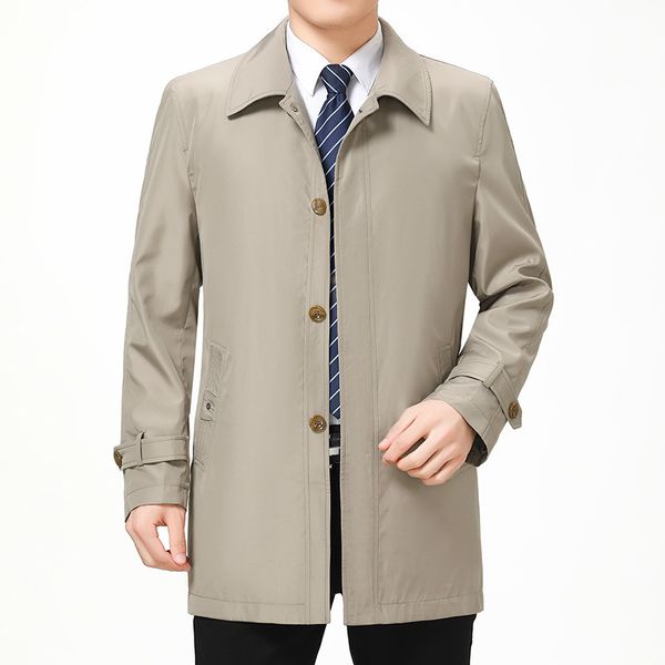 

single breasted male turn-down collar casual mens jackets middle-aged solid trench zipper coats, Tan;black