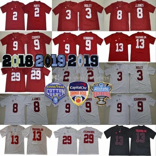 

2019 finals alabama crimson tide 8 jones jersey 2 jalen hurts 3 ridley 29 minkah fitzpatrick 9 bo scarbrough orange bowl champions ncaa, Black;red