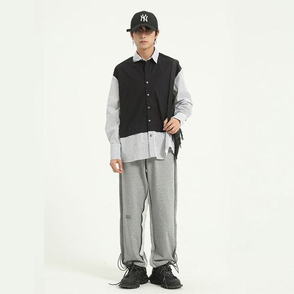 

мужчина япония streetwear hip hop винтаж мода свободные рубашки мужчины повседневная рубашка в полоску с длинным рукавом сращивание, White;black