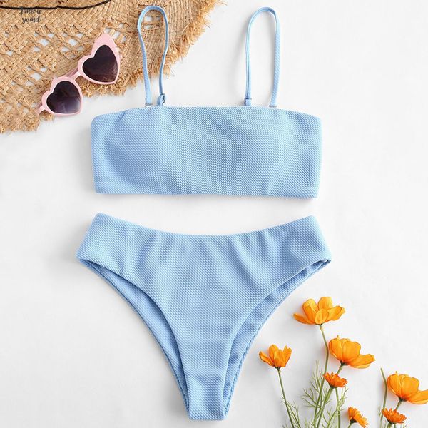 

women textured bikini bandeau set spaghetti straps wire padded female bathing suit swimwear women bikinis swimsuit, White;black