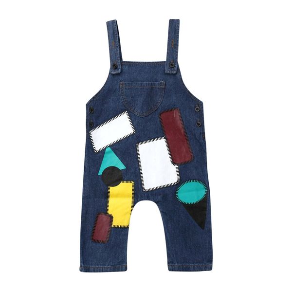

1-5t baby boys denim overalls children patchwork pants baby girl stripe belt casual jeans pants infant toddler clothes jumpsuit, Blue