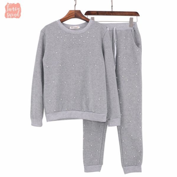 

мода весна осень и set pearl бисероплетение толстовка rhinestone женщин pant 2 шт с длинным рукавом пуловеры женские костюмы, White