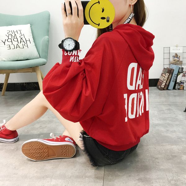 

chic puff sleeve short girl cute sweatshirt street wear pullover letter hooded female sweatshirt woman clothes new, Black