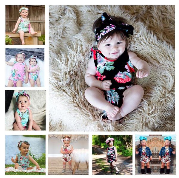 

2pcs infant baby girl cotton romper jumpsuit headband clothes outfit 0-24m baby clothes floral rompers, Blue