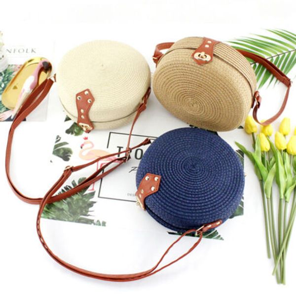 

women round circular rattan wicker straw woven crossbody beach bag basket gift