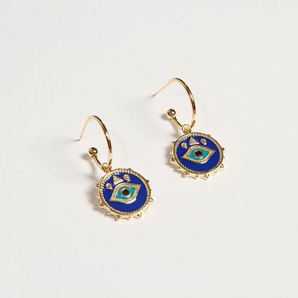 

ghidbk dainty irregular blue eye coin pendant hoop earring chic bohemian disc charming earring for holiday design enamel, Golden;silver