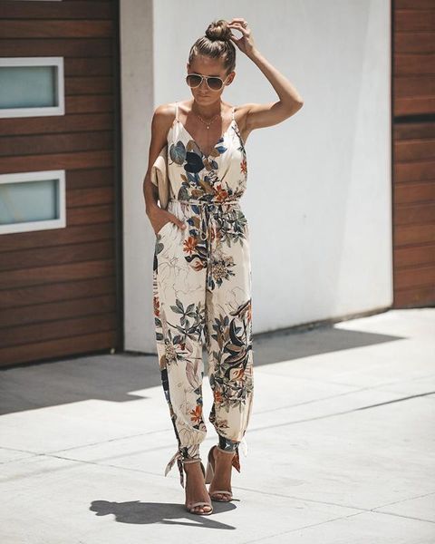 

women v-neck print long street style sleeveless jumpsuit 2020new cotton night club loose jump suit with pockets, Black;white