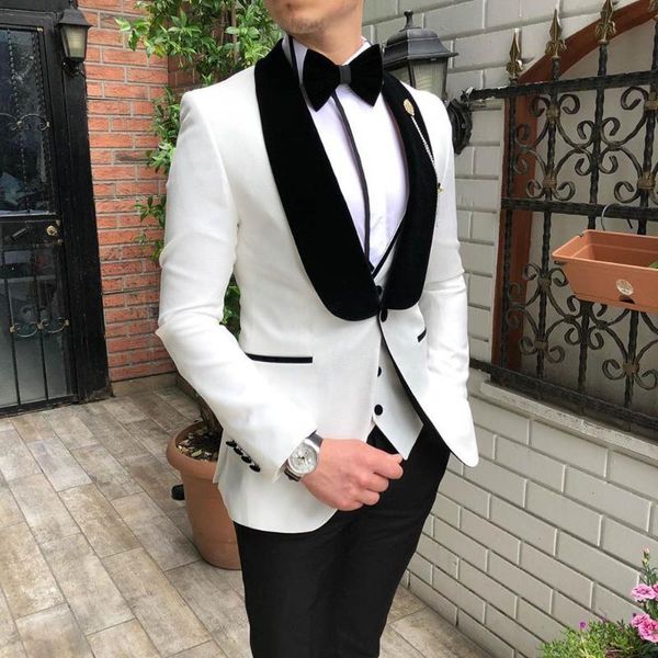 

aesido fashion men's suits 3 pieces slim fit prom tuxedos tweed shawl lapel wedding grooms blazer vest pants wholesale 2020, White;black