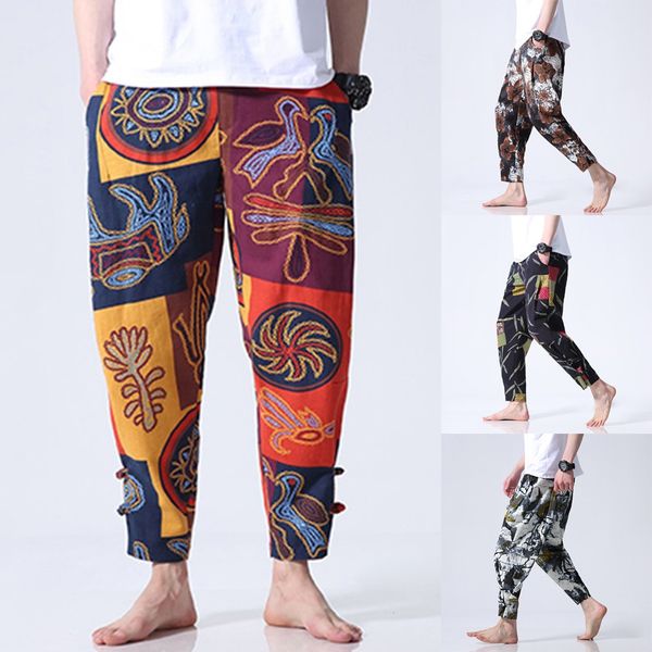 

fashion casual plus size fashion men's new style ethnic wind printed nine-cent pants large pants wo man, Black