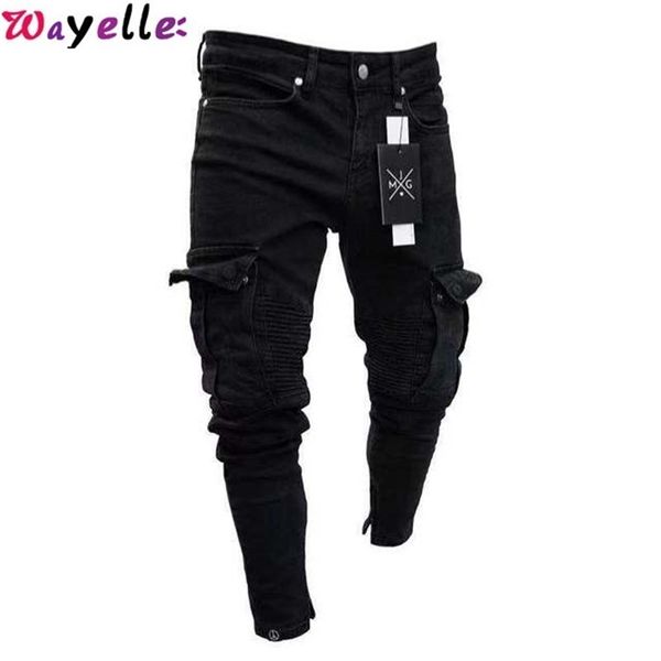 

wayelle comfortable men's jeans pocket tight jeans slim fit long trousers cool fashion design patchwork, Blue