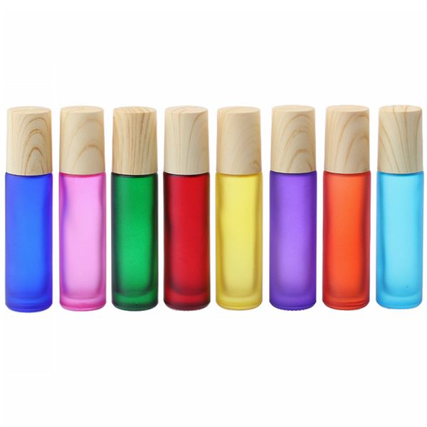 

10ml colorful frosted glass essential oil roll bottles with wood grain caps metal roller ball fragrances perfume container refillable bottle