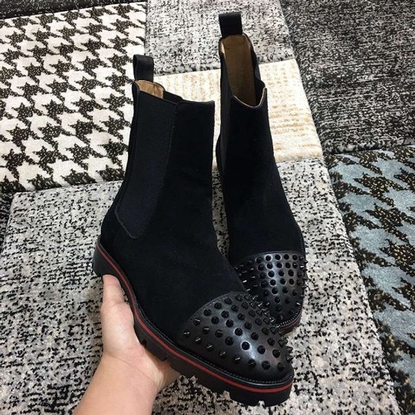 

original box]red bottom ankle boots for men spikes toe 2020 luxury designer footwear slip on booties outdoor party wedding, Black