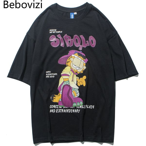 

bebovizi cartoon garfield print hip hop kawaii t shirts men streetwear tees summer tshirt cotton short sleeve t-shirt clothing, White;black