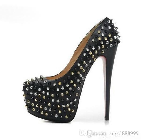 

size 34-45 women's 16cm high heels black patent leather with spikes studded luxury red bottom pumps, ladies designer wedding dress shoe