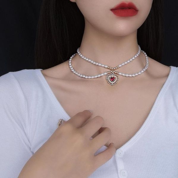 

huanzhi 2020 new french vintage double layers imitation pearls red heart choker short chain necklace for women party jewellery, Golden;silver