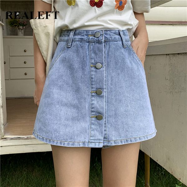 

realeft 2020 summer new street single breasted a-line denim skirt shorts pocket high waist korean style jeans chic pants female, Blue